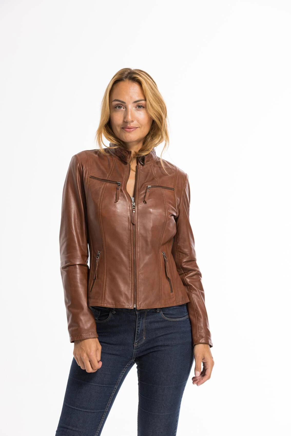 Veste Cuir Femme Cognac Clair "P14-01" 10 Veste Cuir Femme Cognac Clair "P14-01" – Image 10