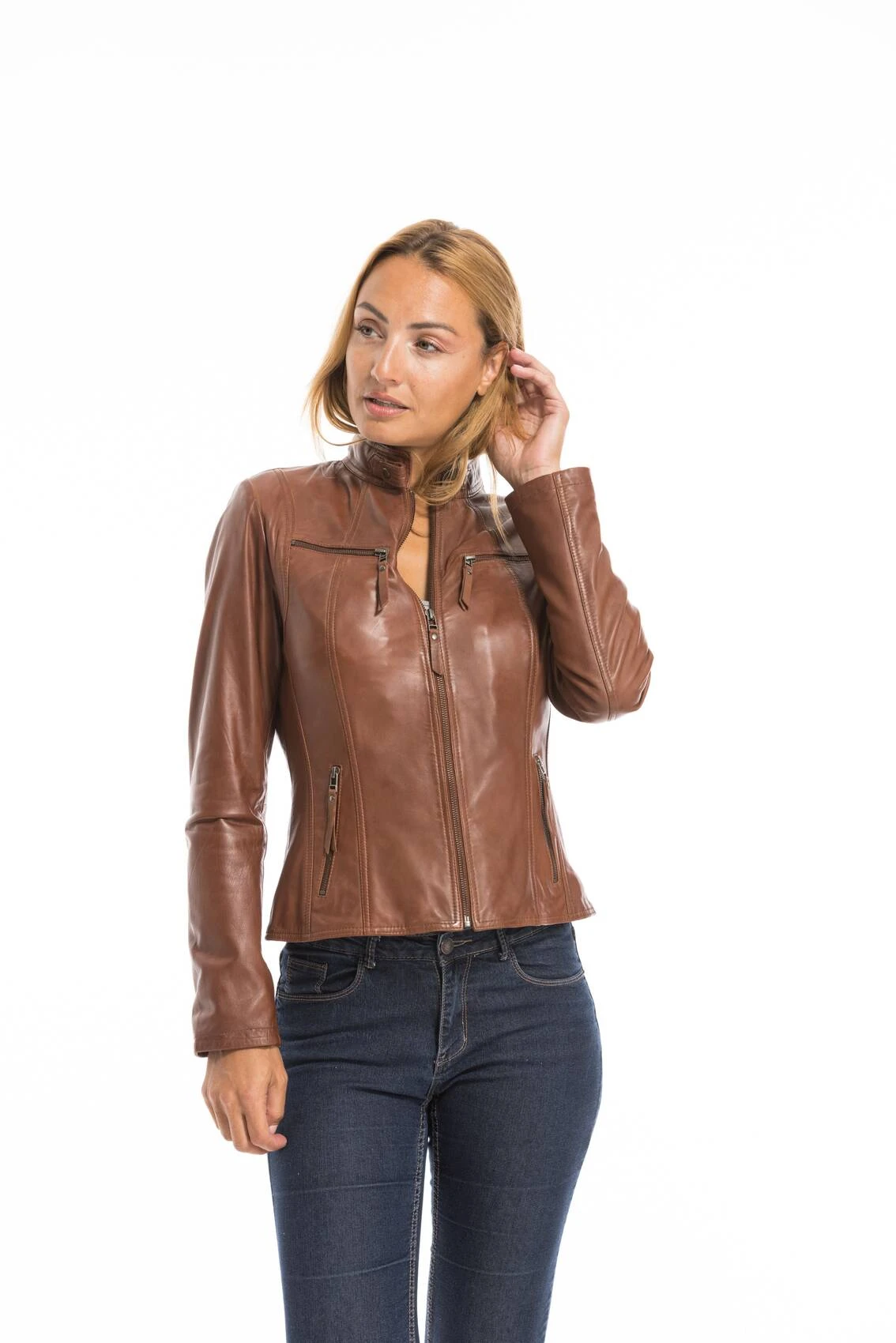 Veste Cuir Femme Cognac Clair "P14-01" 2 Veste Cuir Femme Cognac Clair "P14-01" – Image 2