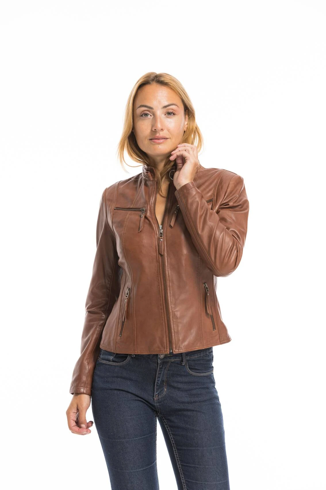 Veste Cuir Femme Cognac Clair "P14-01" 13 Veste Cuir Femme Cognac Clair "P14-01" – Image 13