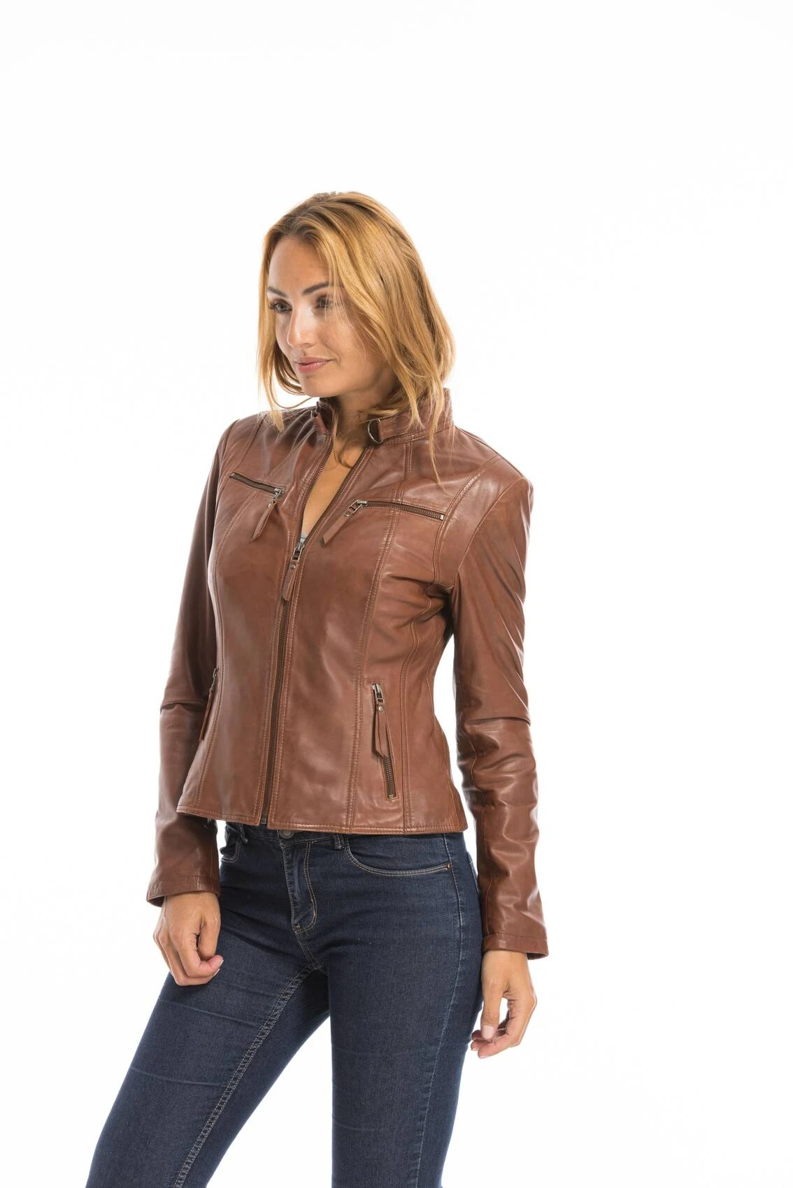 Veste Cuir Femme Cognac Clair "P14-01" 6 Veste Cuir Femme Cognac Clair "P14-01" – Image 6