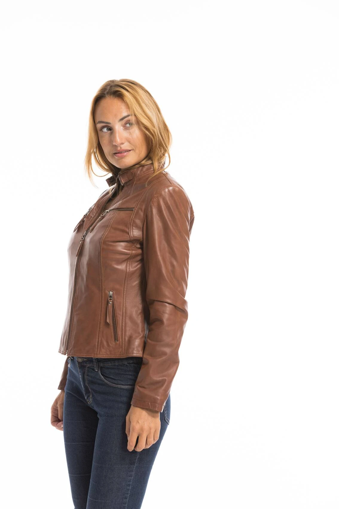 Veste Cuir Femme Cognac Clair "P14-01" 3 Veste Cuir Femme Cognac Clair "P14-01" – Image 3