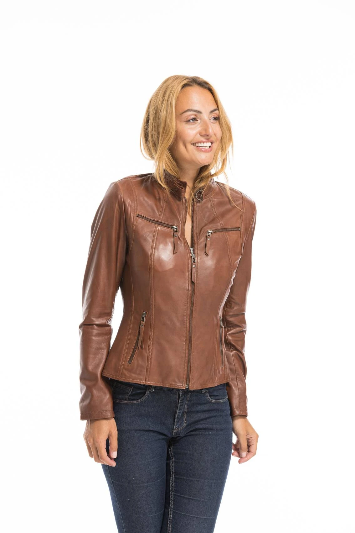 Veste Cuir Femme Cognac Clair "P14-01" 5 Veste Cuir Femme Cognac Clair "P14-01" – Image 5