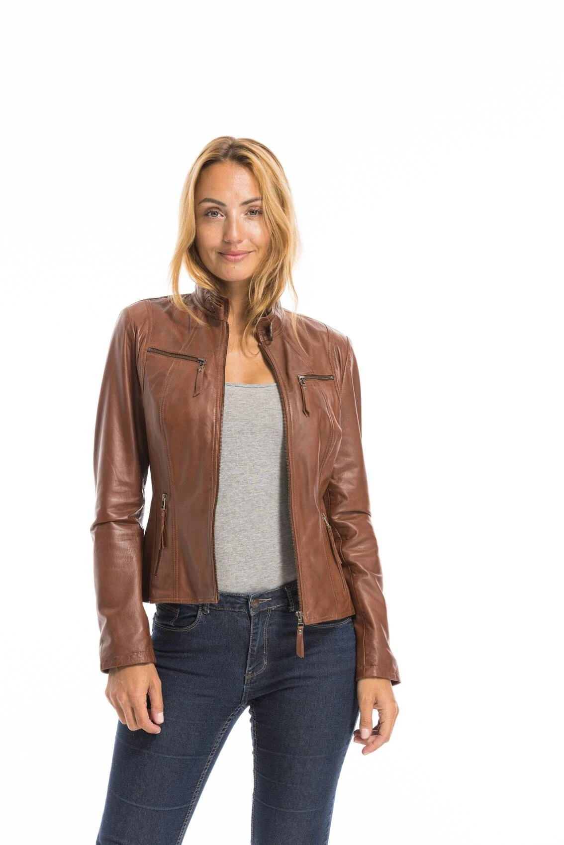 Veste Cuir Femme Cognac Clair "P14-01" 18 Veste Cuir Femme Cognac Clair "P14-01" – Image 18