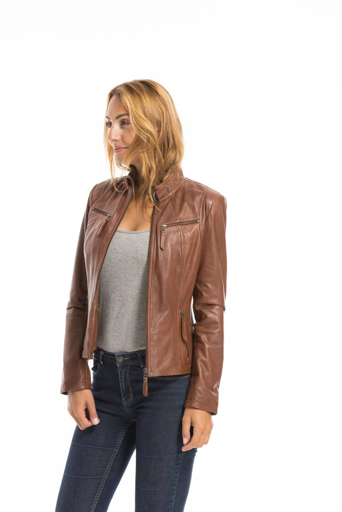 Veste Cuir Femme Cognac Clair "P14-01" 4 Veste Cuir Femme Cognac Clair "P14-01" – Image 4
