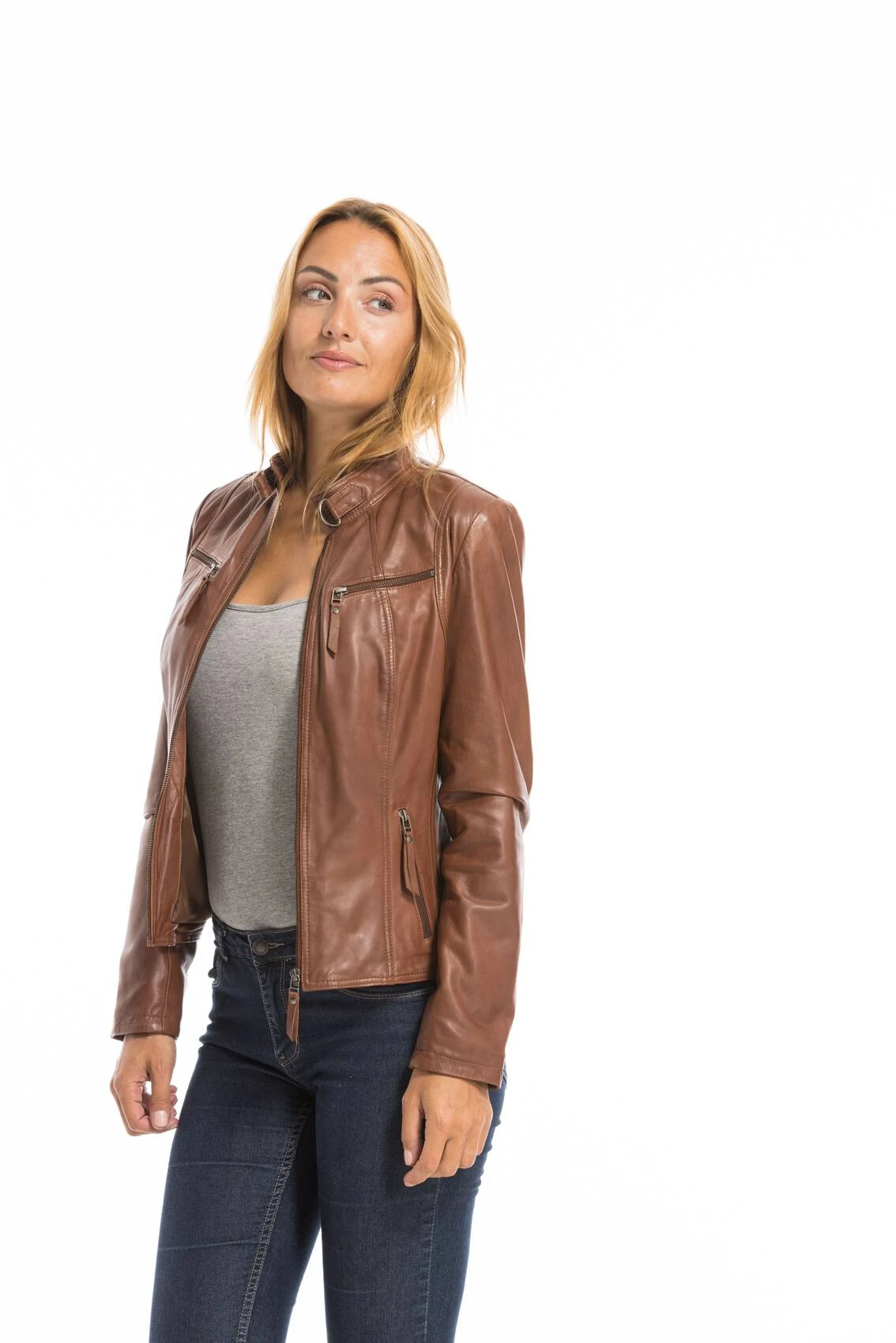Veste Cuir Femme Cognac Clair "P14-01" 8 Veste Cuir Femme Cognac Clair "P14-01" – Image 8