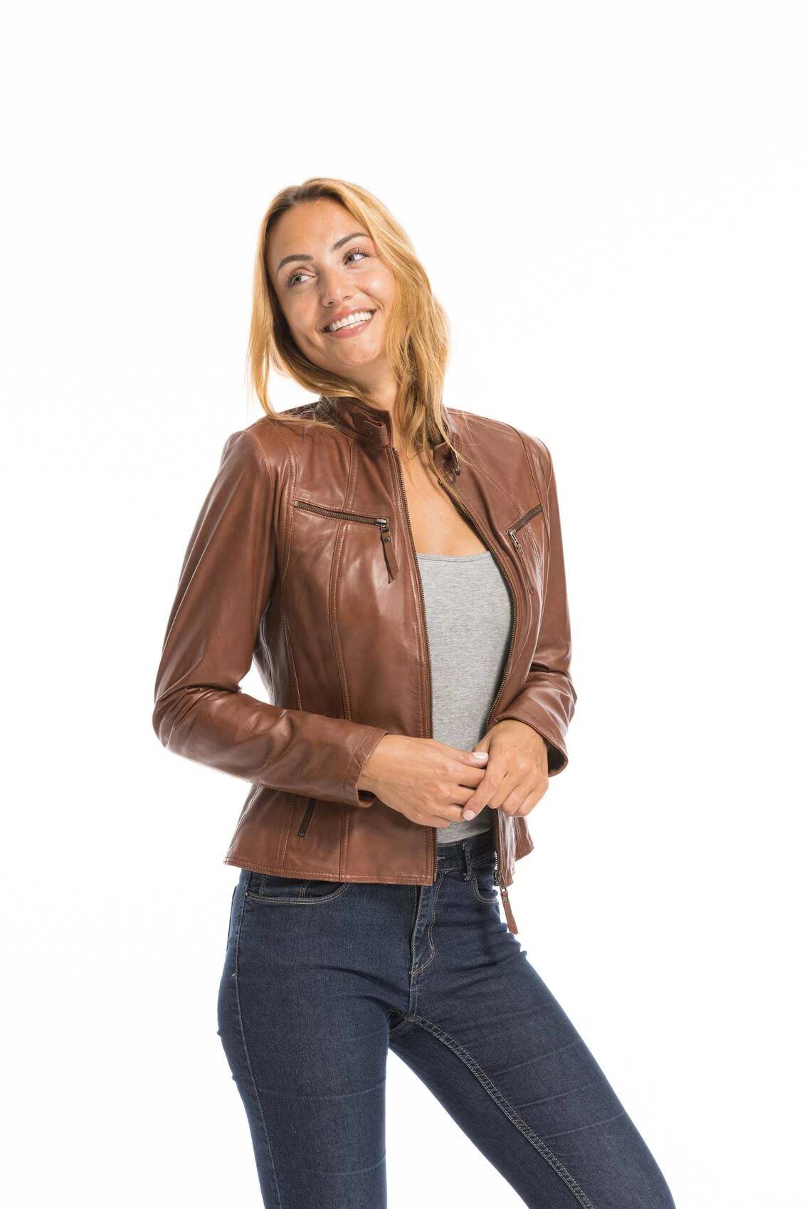 Veste Cuir Femme Cognac Clair "P14-01" 11 Veste Cuir Femme Cognac Clair "P14-01" – Image 11