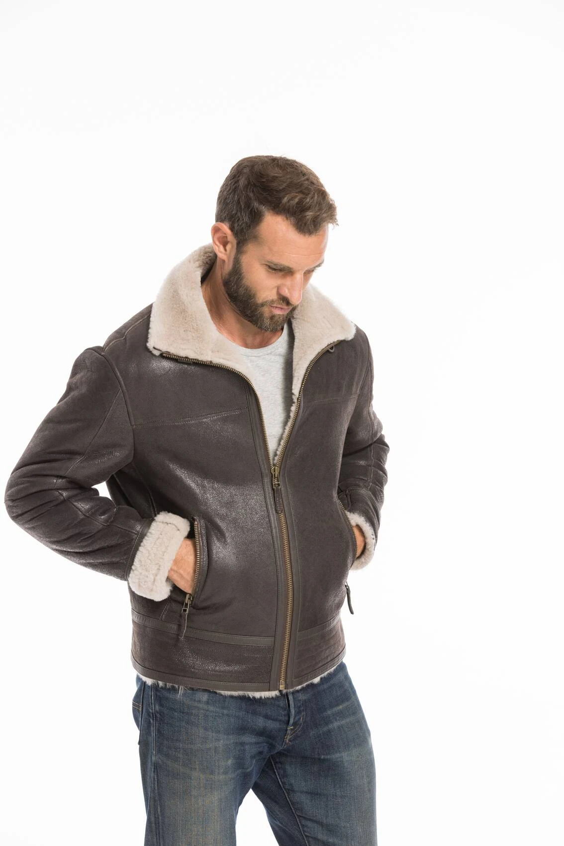 Blouson Cuir Homme Mouton Marron Style Bombardier Hiver " 007 " 3 Blouson Cuir Homme Mouton Marron Style Bombardier Hiver " 007 " – Image 3