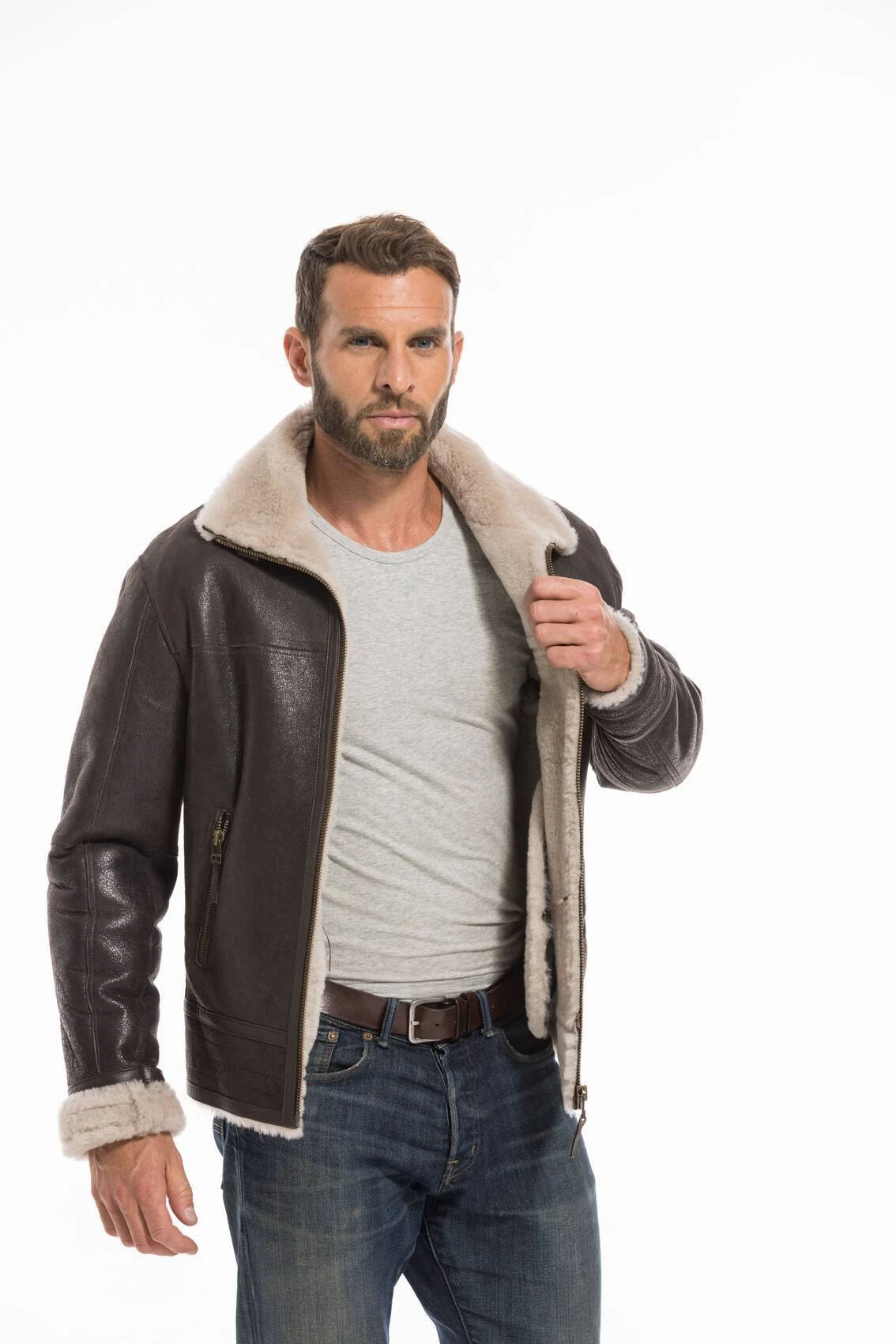 Blouson Cuir Homme Mouton Marron Style Bombardier Hiver " 007 " 2 Blouson Cuir Homme Mouton Marron Style Bombardier Hiver " 007 " – Image 2