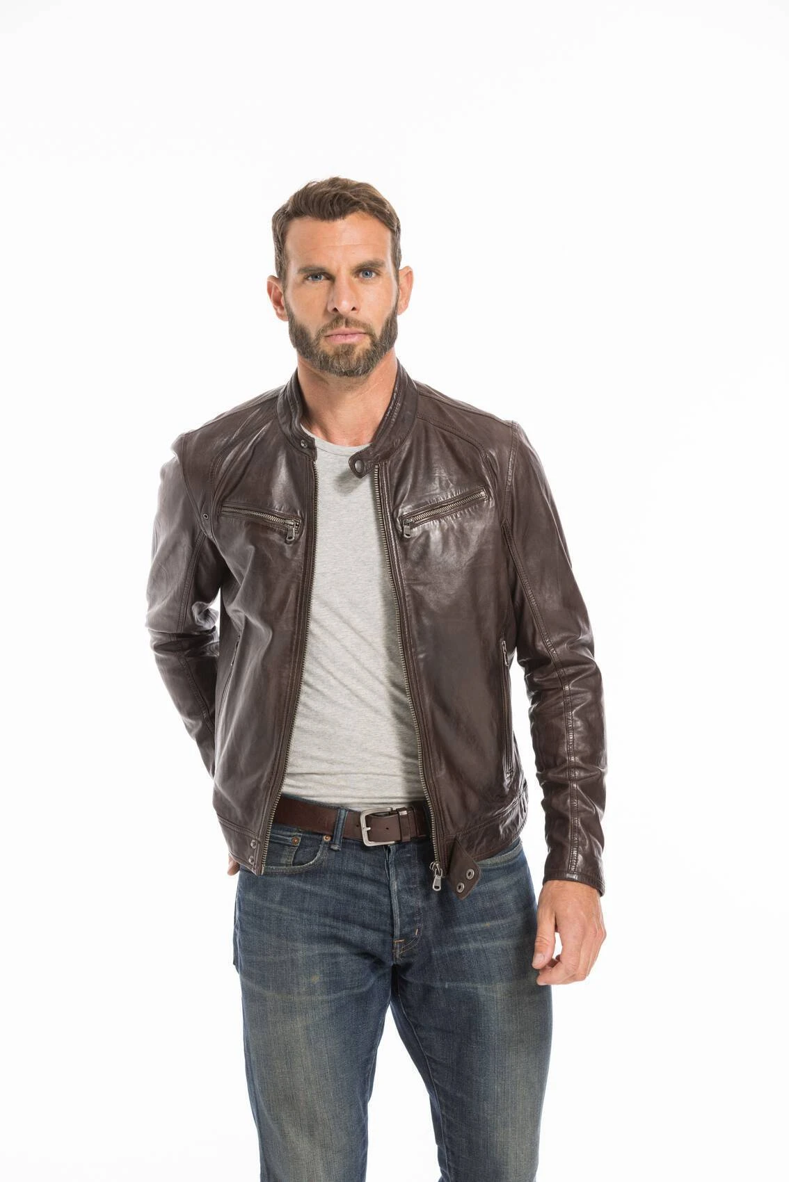 Blouson Cuir Homme Agneau Lavé Marron Style Motard Sport Tendance " 100233 " 3 Blouson Cuir Homme Agneau Lavé Marron Style Motard Sport Tendance " 100233 " – Image 3