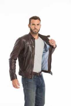Blouson Cuir Homme Agneau Lavé Marron Style Motard Sport Tendance " 100233 "