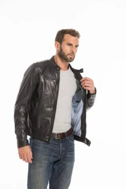 Blouson Cuir Homme Agneau Lavé Noir Style Motard Sport Tendance " 100233 "