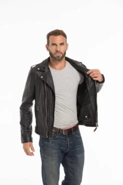 Blouson Cuir Homme Agneau Noir Style Perfecto Schott Sans Ceinture " LC 1140 "