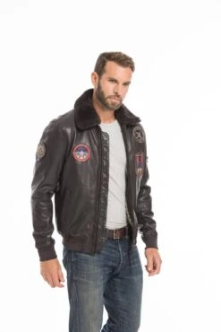 Blouson Cuir Homme Patrouille De France Marron " ATHOS "