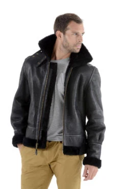 Blouson Cuir Homme Schott Fourrure Mouton Noir Coupe Bombardier " LC 1259 "