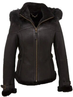 Blouson Cuir Mouton Femme Noir " DISTEL " Style Bombardier à Capuche -Maroquinerie distelnoirface 017176500 1127 23102023