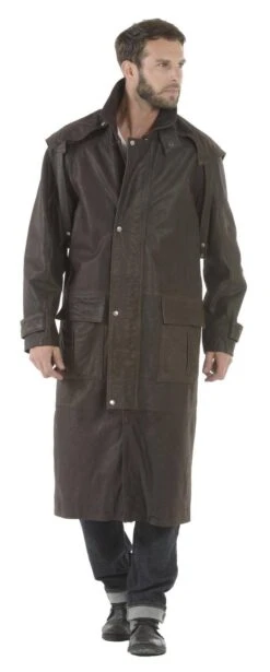 Manteau Cuir Homme Marron Aspect Nubuck Style Cache PoussiĂšre " CLINT "