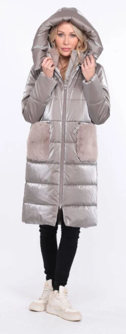 Doudoune Longue Tissu + Lapin Taupe " PAULIE " -Maroquinerie manteau pauliana taupe 1 074346000 1417 01072023 scaled