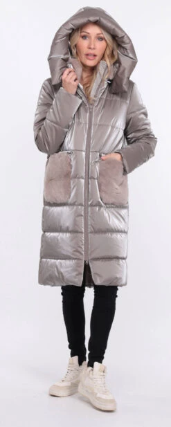 Doudoune Longue Tissu + Lapin Taupe " PAULIE " -Maroquinerie manteau pauliana taupe 2 056147000 1417 01072023 scaled