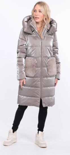 Doudoune Longue Tissu + Lapin Taupe " PAULIE " -Maroquinerie manteau pauliana taupe 3 088106400 1417 01072023 scaled