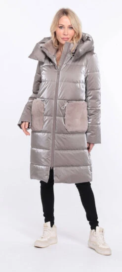 Doudoune Longue Tissu + Lapin Taupe " PAULIE " -Maroquinerie manteau pauliana taupe 5 044880900 1417 01072023 scaled