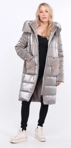 Doudoune Longue Tissu + Lapin Taupe " PAULIE " -Maroquinerie manteau pauliana taupe 6 094271600 1417 01072023 scaled