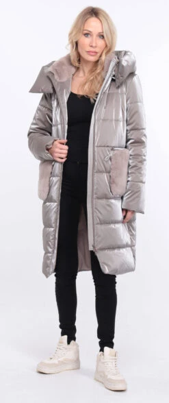 Doudoune Longue Tissu + Lapin Taupe " PAULIE " -Maroquinerie manteau pauliana taupe 7 082007100 1417 01072023 scaled