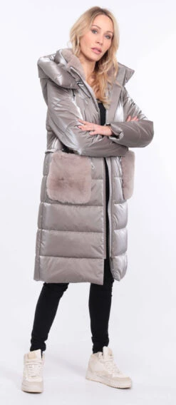 Doudoune Longue Tissu + Lapin Taupe " PAULIE " -Maroquinerie manteau pauliana taupe 8 018316000 1417 01072023 scaled