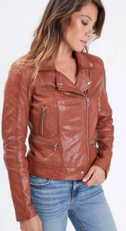 Blouson Cuir Femme Biker Agneau Cognac "PANILA" -Maroquinerie panilacognacblousoncuir 020473000 1043 04102022