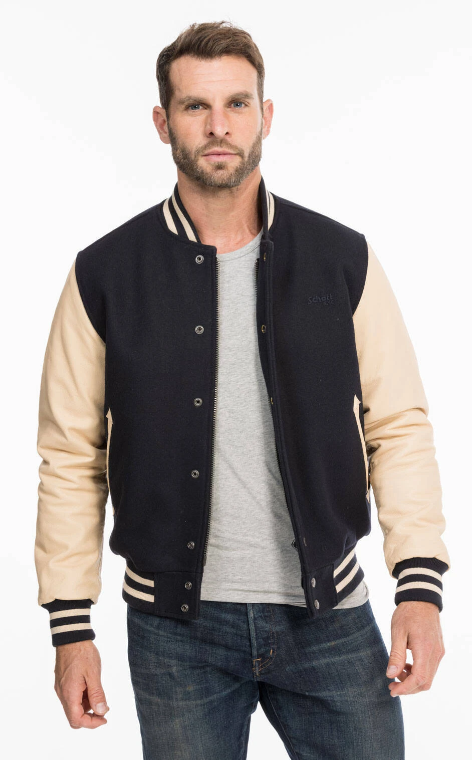 Schott Blouson Teddy Tissu Et Cuir Marine Beige " LC 8705 " 11 Schott Blouson Teddy Tissu Et Cuir Marine Beige " LC 8705 " – Image 11