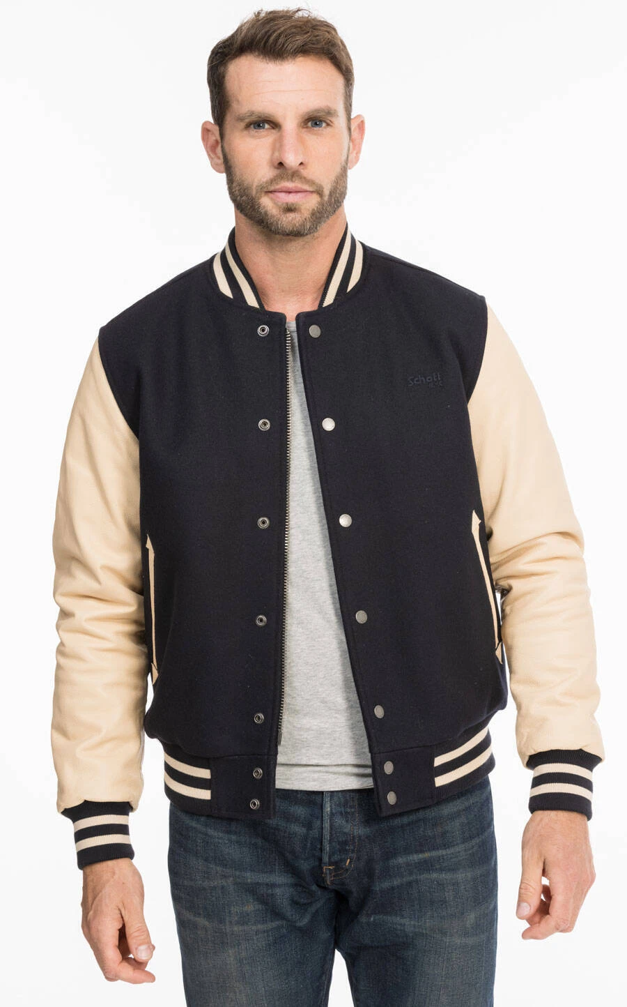 Schott Blouson Teddy Tissu Et Cuir Marine Beige " LC 8705 " 4 Schott Blouson Teddy Tissu Et Cuir Marine Beige " LC 8705 " – Image 4