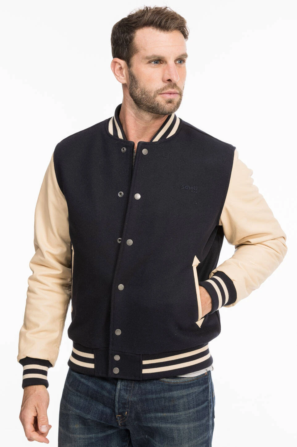 Schott Blouson Teddy Tissu Et Cuir Marine Beige " LC 8705 " 6 Schott Blouson Teddy Tissu Et Cuir Marine Beige " LC 8705 " – Image 6