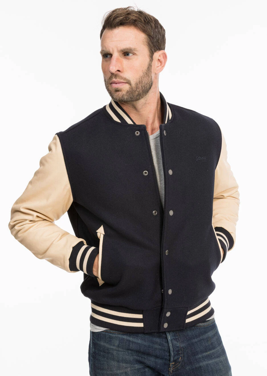 Schott Blouson Teddy Tissu Et Cuir Marine Beige " LC 8705 " 2 Schott Blouson Teddy Tissu Et Cuir Marine Beige " LC 8705 " – Image 2