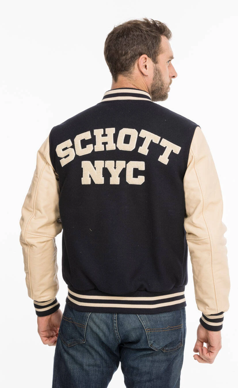 Schott Blouson Teddy Tissu Et Cuir Marine Beige " LC 8705 " 3 Schott Blouson Teddy Tissu Et Cuir Marine Beige " LC 8705 " – Image 3