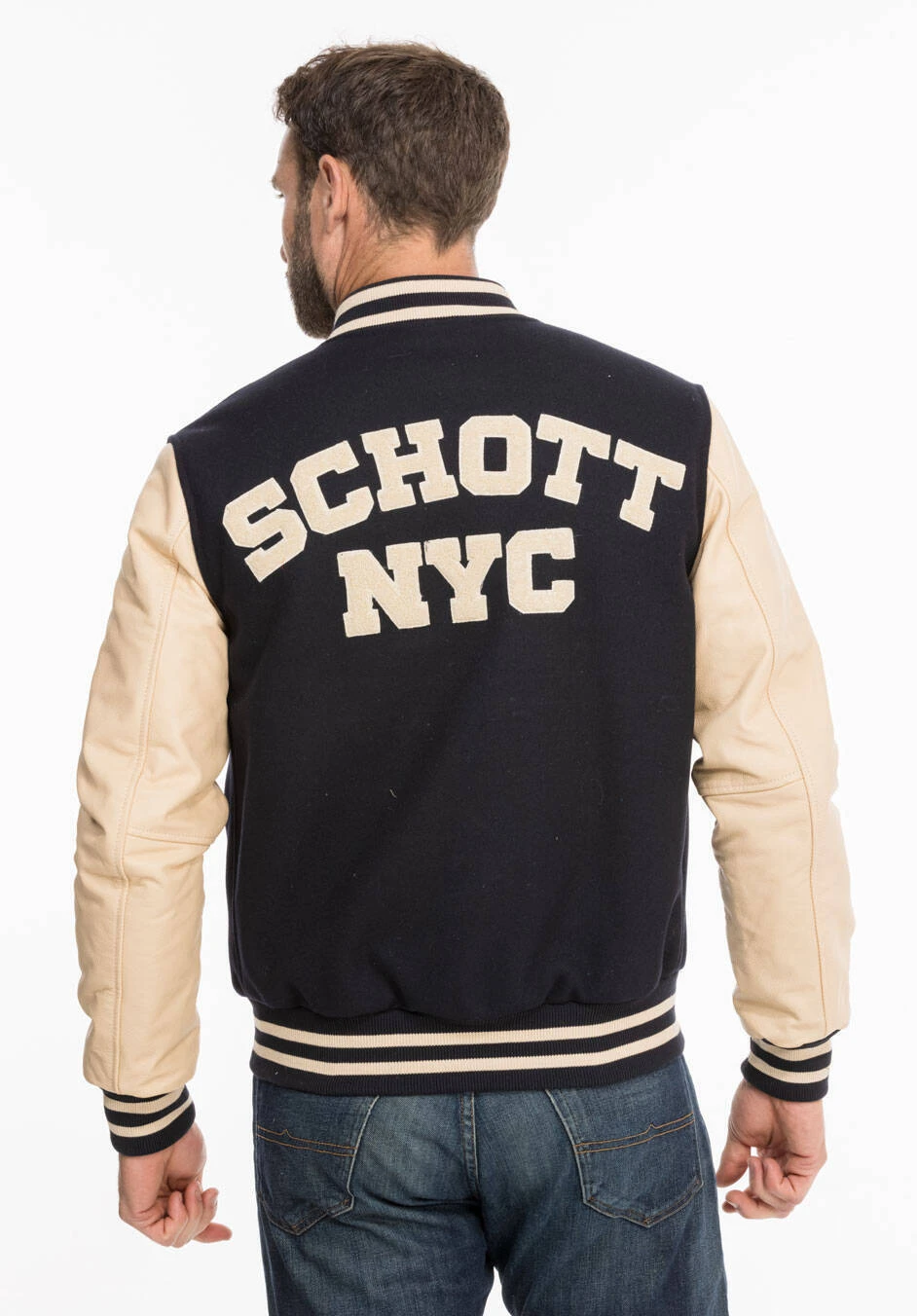 Schott Blouson Teddy Tissu Et Cuir Marine Beige " LC 8705 " 1 Schott Blouson Teddy Tissu Et Cuir Marine Beige " LC 8705 "