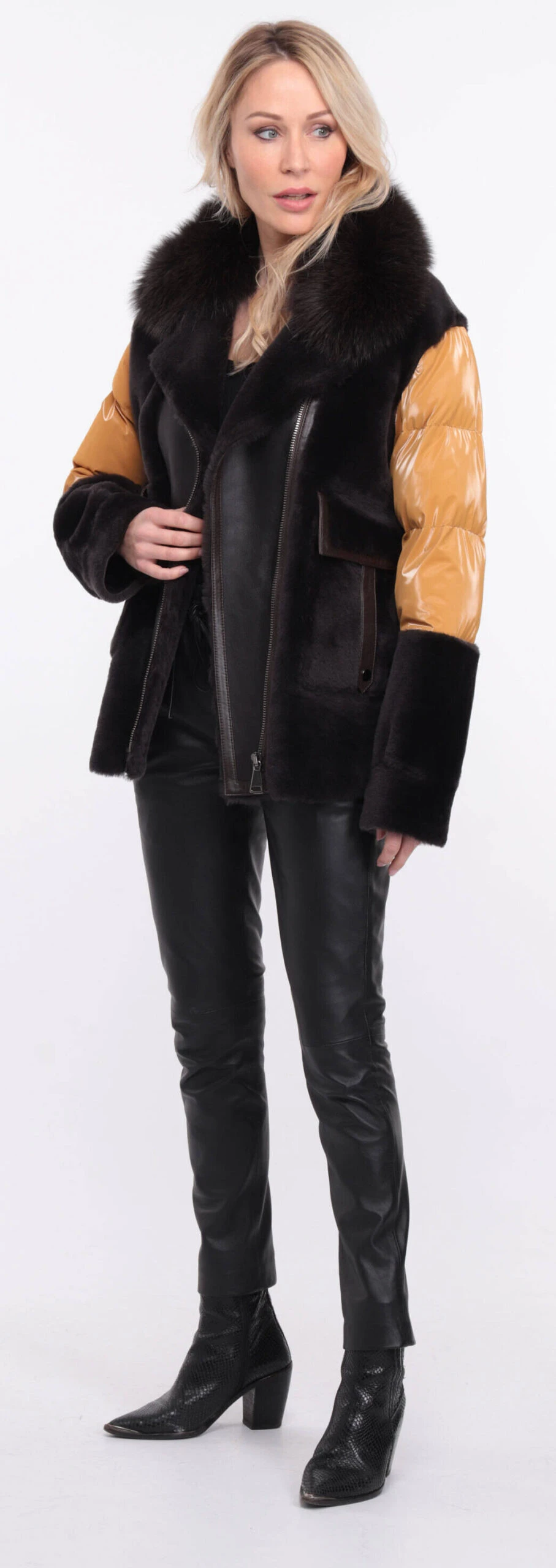 Veste Femme Mouton + Tissu Marron Moutarde " BETTIE " 18 Veste Femme Mouton + Tissu Marron Moutarde " BETTIE " – Image 18