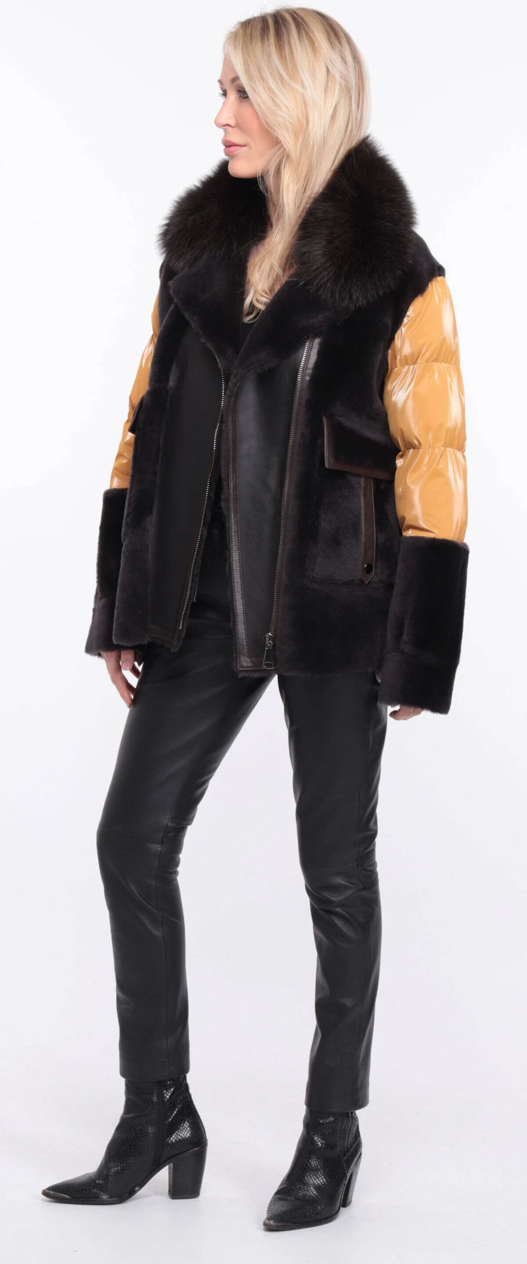 Veste Femme Mouton + Tissu Marron Moutarde " BETTIE " 3 Veste Femme Mouton + Tissu Marron Moutarde " BETTIE " – Image 3