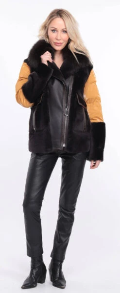 Veste Femme Mouton + Tissu Marron Moutarde " BETTIE " 25 Veste Femme Mouton + Tissu Marron Moutarde " BETTIE " -Maroquinerie veste bettina marron moutarde 17 027331200 1157 01072023 scaled