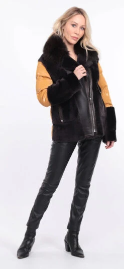 Veste Femme Mouton + Tissu Marron Moutarde " BETTIE " 26 Veste Femme Mouton + Tissu Marron Moutarde " BETTIE " -Maroquinerie veste bettina marron moutarde 1 093408600 1157 01072023 scaled