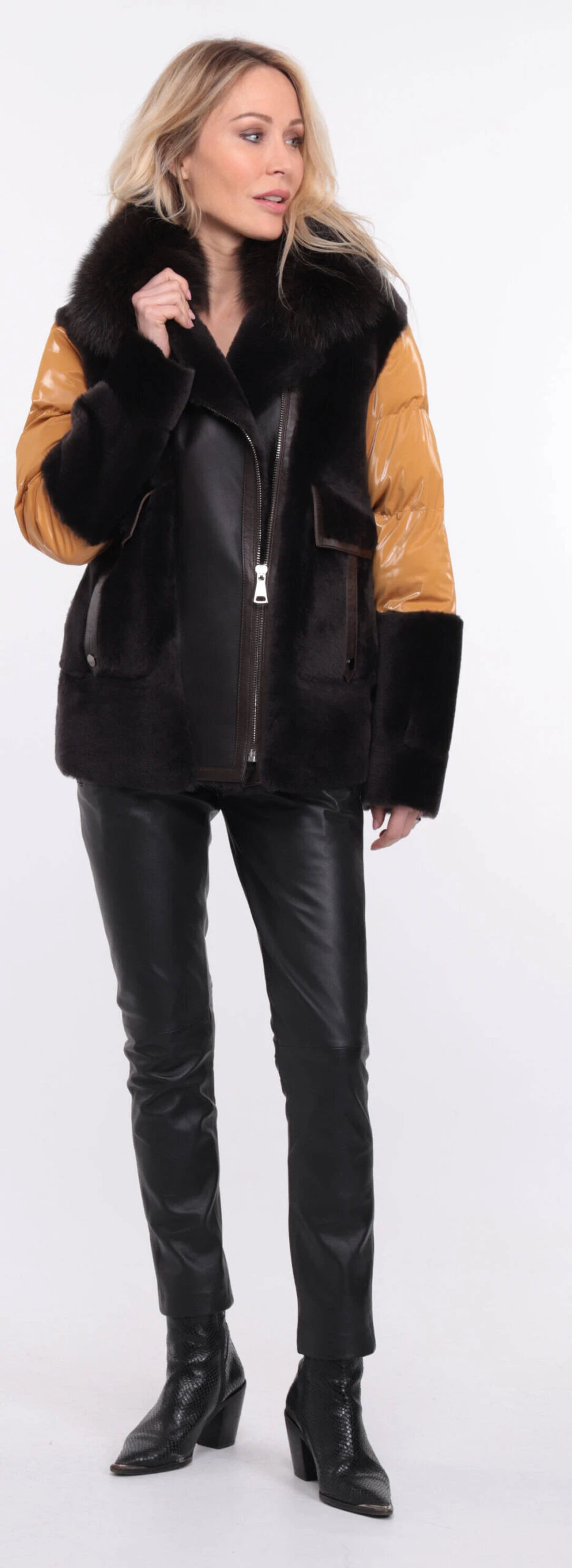 Veste Femme Mouton + Tissu Marron Moutarde " BETTIE " 13 Veste Femme Mouton + Tissu Marron Moutarde " BETTIE " – Image 13