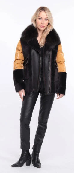 Veste Femme Mouton + Tissu Marron Moutarde " BETTIE " 39 Veste Femme Mouton + Tissu Marron Moutarde " BETTIE " -Maroquinerie veste bettina marron moutarde 22 031883800 1157 01072023 scaled