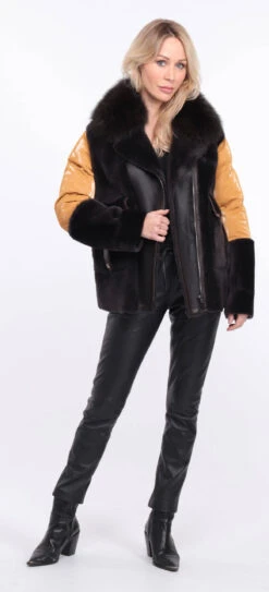 Veste Femme Mouton + Tissu Marron Moutarde " BETTIE " 36 Veste Femme Mouton + Tissu Marron Moutarde " BETTIE " -Maroquinerie veste bettina marron moutarde 23 053645500 1157 01072023 scaled