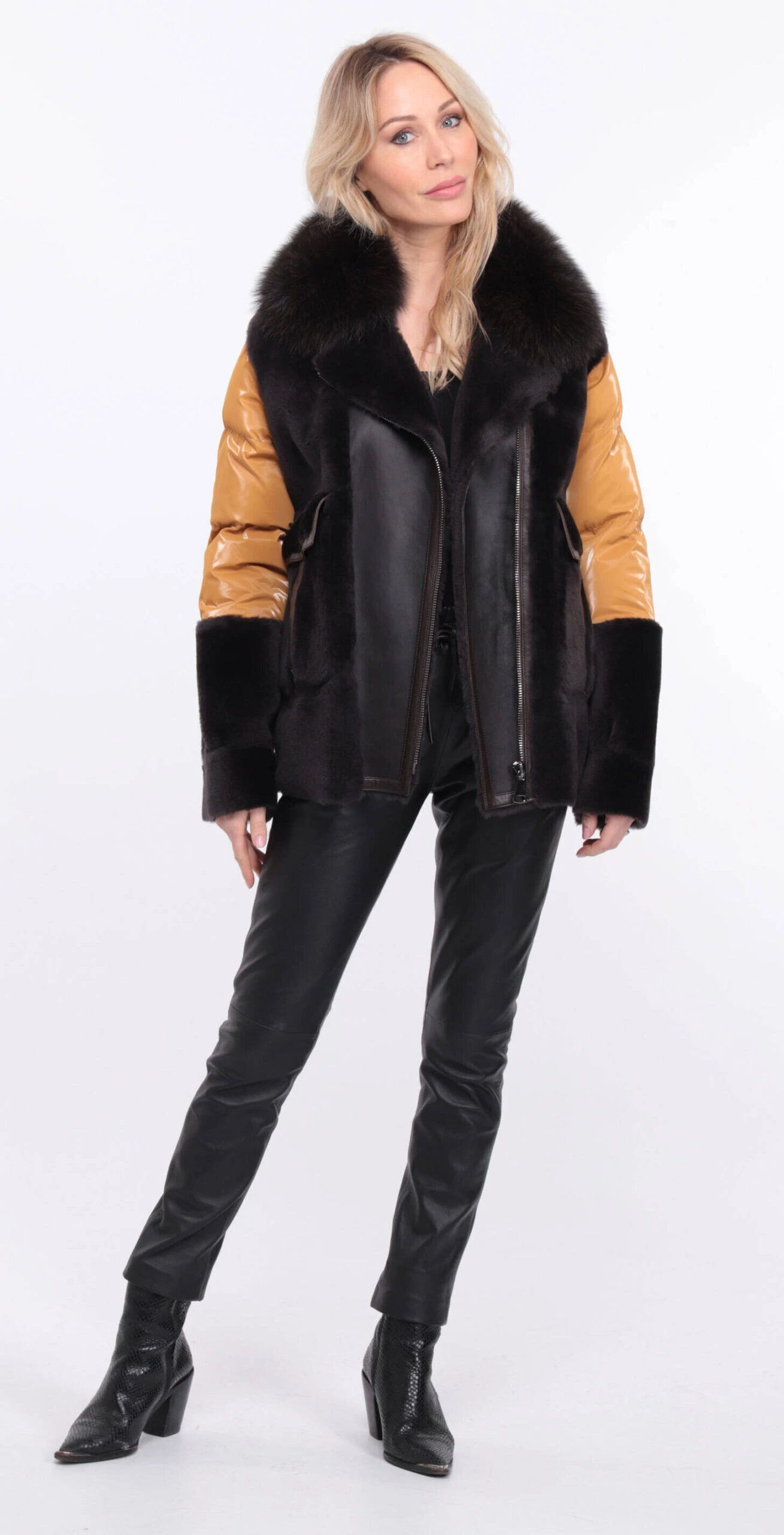 Veste Femme Mouton + Tissu Marron Moutarde " BETTIE " 2 Veste Femme Mouton + Tissu Marron Moutarde " BETTIE " – Image 2