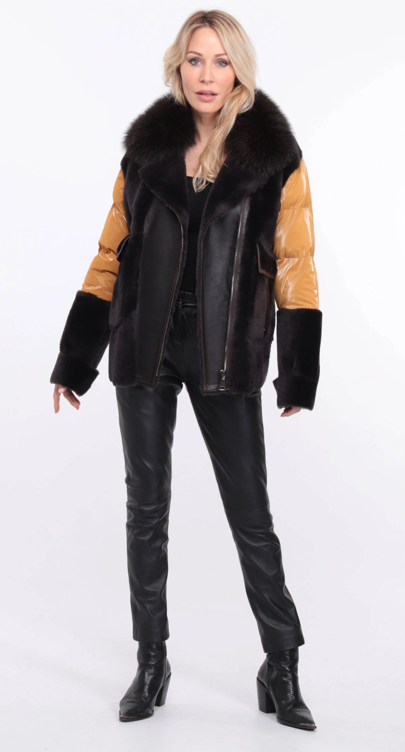 Veste Femme Mouton + Tissu Marron Moutarde " BETTIE " 19 Veste Femme Mouton + Tissu Marron Moutarde " BETTIE " – Image 19