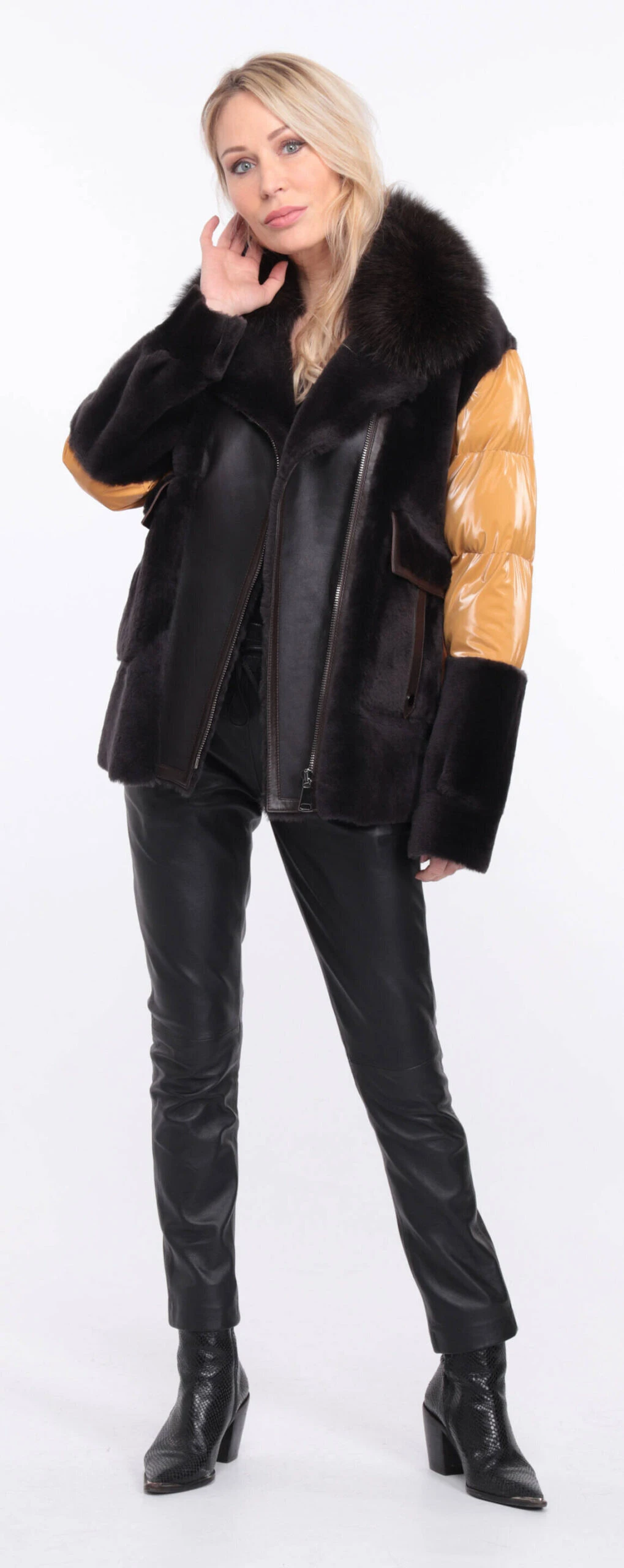 Veste Femme Mouton + Tissu Marron Moutarde " BETTIE " 12 Veste Femme Mouton + Tissu Marron Moutarde " BETTIE " – Image 12