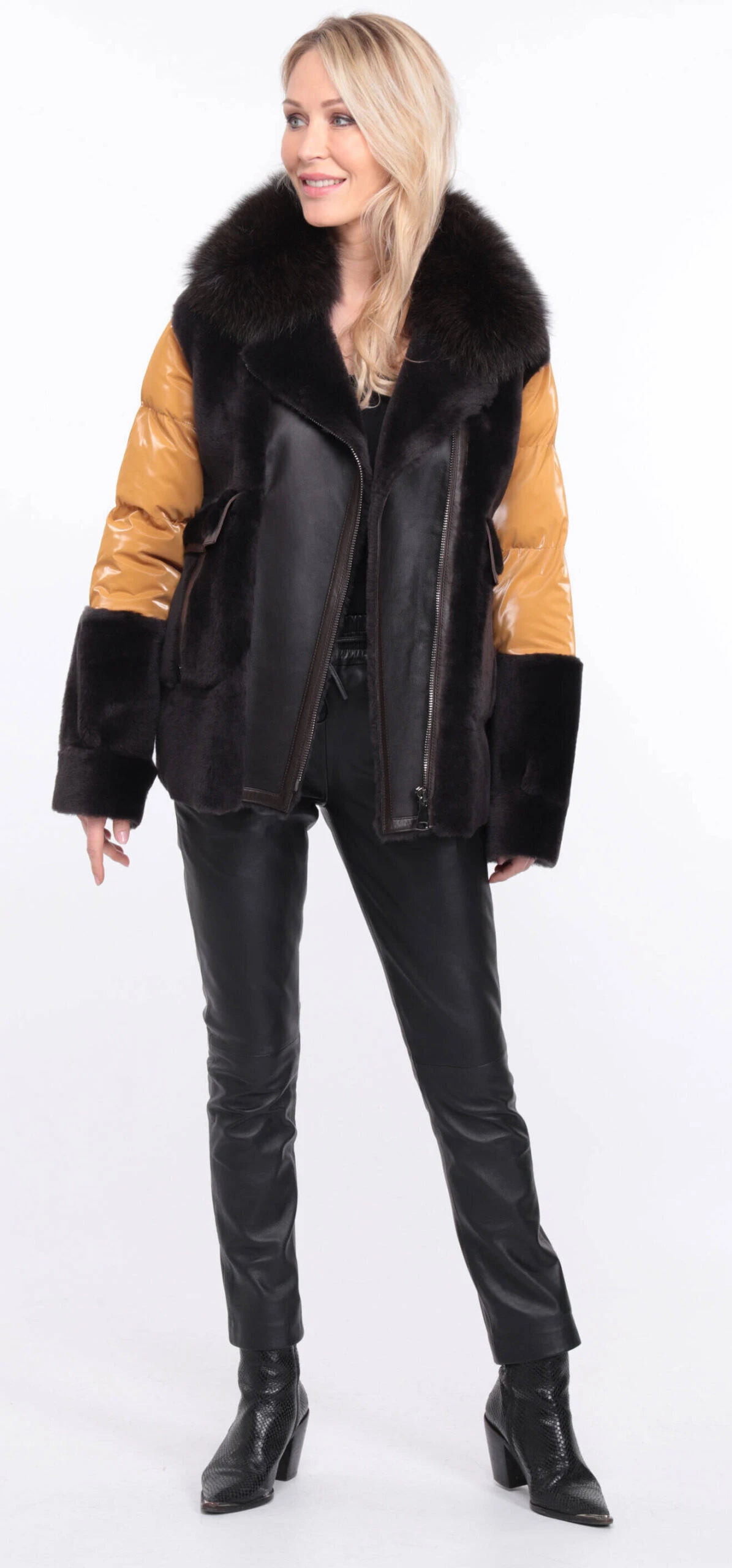 Veste Femme Mouton + Tissu Marron Moutarde " BETTIE " 8 Veste Femme Mouton + Tissu Marron Moutarde " BETTIE " – Image 8