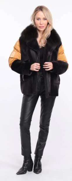 Veste Femme Mouton + Tissu Marron Moutarde " BETTIE " 30 Veste Femme Mouton + Tissu Marron Moutarde " BETTIE " -Maroquinerie veste bettina marron moutarde 7 027465500 1157 01072023 scaled