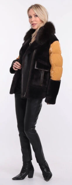 Veste Femme Mouton + Tissu Marron Moutarde " BETTIE " 23 Veste Femme Mouton + Tissu Marron Moutarde " BETTIE " -Maroquinerie veste bettina marron moutarde 8 018701300 1157 01072023 scaled