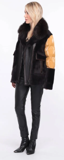 Veste Femme Mouton + Tissu Marron Moutarde " BETTIE " 33 Veste Femme Mouton + Tissu Marron Moutarde " BETTIE " -Maroquinerie veste bettina marron moutarde 9 043104300 1157 01072023 scaled