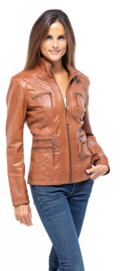 Veste Cuir Femme Tan " TEIJA " -Maroquinerie veste cuir femme demi longueur teija cognac sport decontracte mannequin 4 015289300 1007 02102018