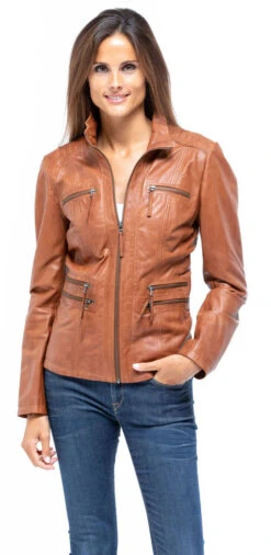 Veste Cuir Femme Tan " TEIJA " -Maroquinerie veste cuir femme demi longueur teija cognac sport decontracte mannequin 6 047796300 1007 02102018
